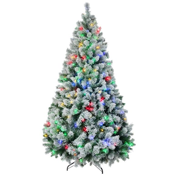 6 FT Artificial Snow Christmas Trees with Frosted Branches, Warm White or Colorful LED Lights, Steel Base, by Miaoweii