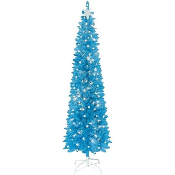 6 FT , Bendable Artificial Whimsical with 200 LED Lights, Pre-lit Pencil Xmas Tree with 536 PVC Branches & Metal Stand for Holiday, Home, Party, Blue