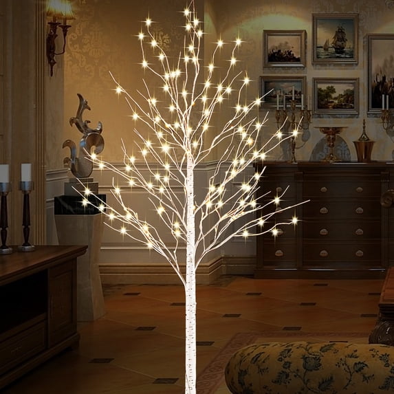 GLUAAE 6 ft White Birch Tree Light with 440 LED warm white lights, 8 flashing modes, remote