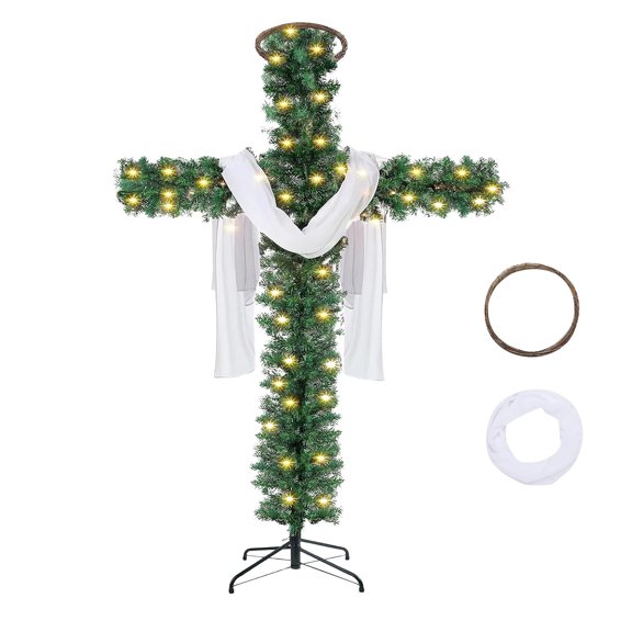 6 FT Christmas Cross Tree - with 100 Lights & White Silk Scarf, Christian Christmas Tree, Jesus Christ Catholic Cross Decor, He is Risen, Christmas Decoration