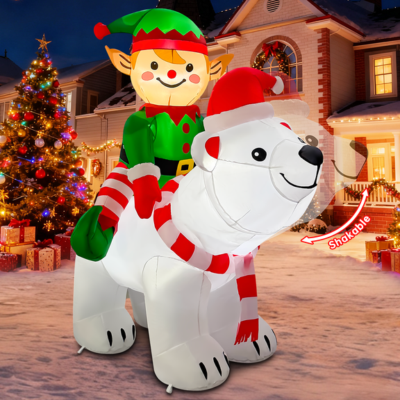 6 FT Christmas Inflatable Elf Riding Polar Bear, Blow up Elves with Built-in LED Lights, Christmas Outdoor Decorations for Garden Patio Lawn Holiday Party Xmas