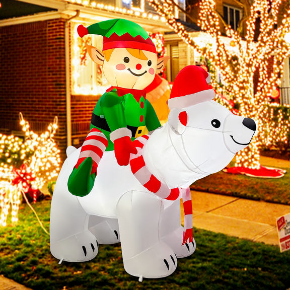 6 FT Christmas Inflatable Elf Riding Polar Bear, Blow up Elves with Built-in LED Lights, Christmas Outdoor Decorations for Garden Patio Lawn Holiday Party Xmas