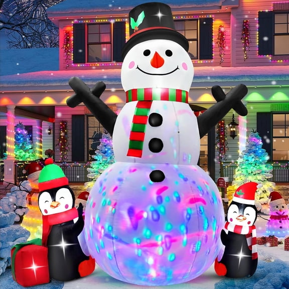 6 FT Christmas Inflatable Snowman Outdoor Decoration with Build-in Multicolor LEDs, Snowman with 2 Penguins Gift Blow Up Inflatables Christmas for Yard Garden Lawn Xmas Holiday Decor
