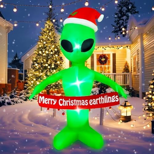 6 FT Christmas Inflatables Alien with Merry Christmas Earthlings Banner Decorations LED Lighted Xmas Christmas Blow Up Yard Decorations for Party Indoor Outdoor Garden Decor$$