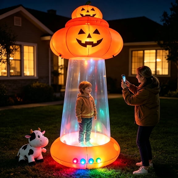 BSHAPPLUS 9FT Halloween Inflatable Pumpkin UFO Decoration, Color Changing RGB Light Up Blow Up Yard Decor with Detachable Cow, Kids Climb Inside Transparent Cabin, Outdoor Inflatable for Lawn Garden
