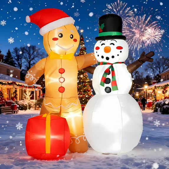 BSHAPPLUS® 6FT Christmas Inflatables, Snowman Gingerbread Christmas Outdoor Decorations with LED Lights, Stable Christmas Blow Up for Holiday Celebration