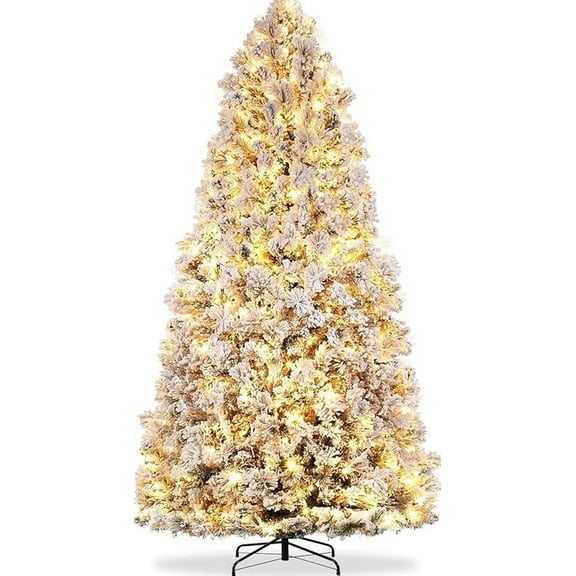 6 FT Christmas Tree with 200 Multicolor Led Lights, Prelit Snow Flocked Christmas Tree with Foldable Metal Base, 8 Lighting Modes, Artificial Christmas Tree for Home, Holiday, Party Decoration