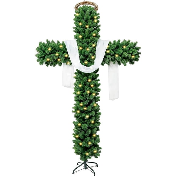 6 FT Cross Christmas Tree with String Lights, Foldable Cross Christmas Tree, Prelit Artificial Pine Cross with Silk Scarf and Crown, Xmas Holiday Home Indoor Outdoor Decorations