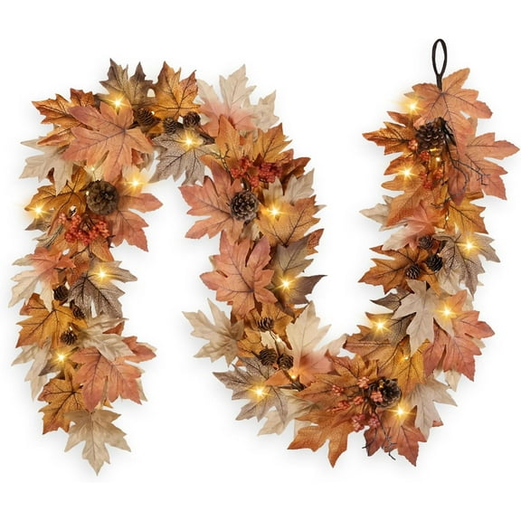 6 FT Fall Garland with Lights Timer Function Fall Leaves Garland with Berries Pine Cones Realistic Autumn Automatic ON/Off Timer Fall Decorations for Home Mantle Fireplace Porch Table