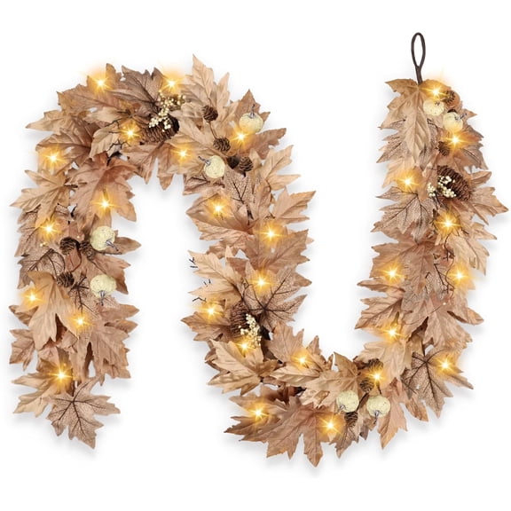 6 FT Fall Garland with Lights Timer Function Fall Leaves Garland with Berries Pine Cones Realistic Autumn Automatic ON/Off Timer Fall Decorations for Home Mantle Fireplace Porch Table