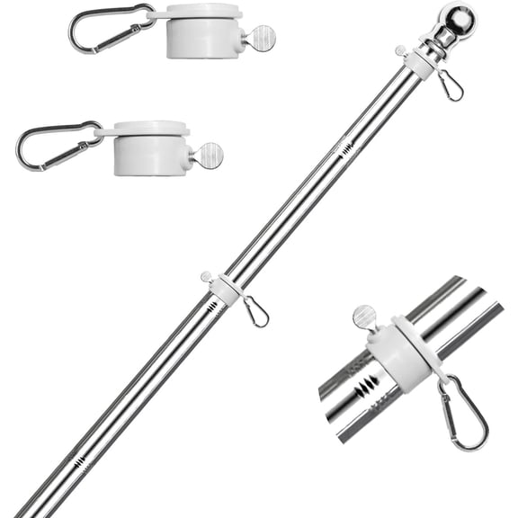 6 FT Flag Pole Sectional Kit with Rotating Rings and Flag Pole Clips,Stainless Steel Adjustable Pole for Commercial or Residential,Silver Ball Top,Easy to Assemble and Storage
