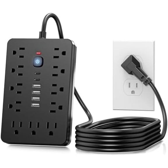 6 FT Flat Plug Surge Protector Power Strip,11 Multiple AC Outlets with 6 USB Ports (2 USB C), 6 Feet Extension Cord, 1250W/10A, One Touch Switch Button, 17 in 1 Compact powerstrip