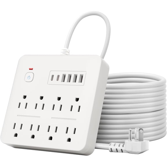6 FT Flat Plug Surge Protector Power Strip,8 Multiple AC Outlets with 6 Ports (2 C), 6 Extension Cord, 1250W/10A, One Touch Button, 17 in 1 Compact powerstrip (White)