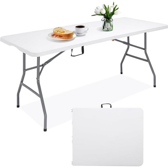 6 FT Folding Table Portable, 6 Foot Heavy Duty Foldable Tables for Dining, Large Fold-in-Half White Plastic Card Table with Carrying Handle for Indoor, Outdoor, Party, Camping, Picnic