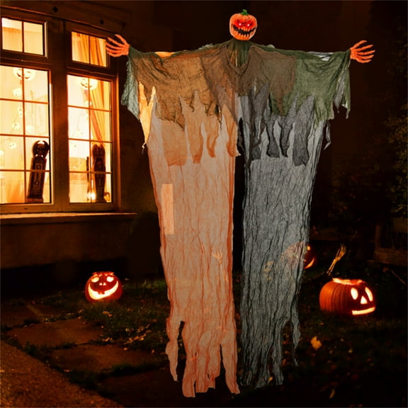 6 FT Halloween Decoration Outdoor Hanging Pumpkin Ghost, Animated Pumpkin Ghost with Bendable Arms and Red LED lights, Animatronics Pumpkin Decorations for Haunted House