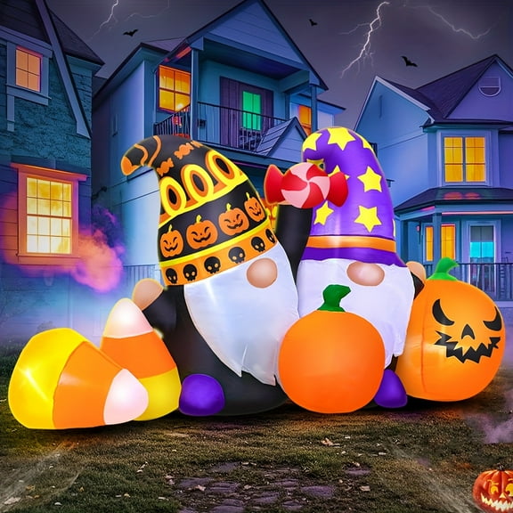 6 FT Halloween Inflatable Decoration, Built In LED Lights Blow Up Two Gnomes With Pumpkin Decorations For Halloween Party Yard Lawn Garden Decor