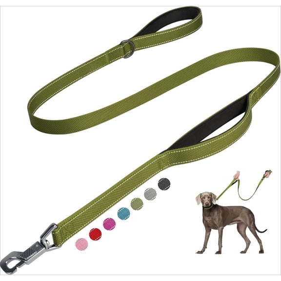 6 FT Heavy Duty Dog Leash with 2 Comfortable Padded Handles, Traffic Handle & Advanced Easy Snap Hook, Reflective Walking Lead for Large, Medium & Small Breed, Green