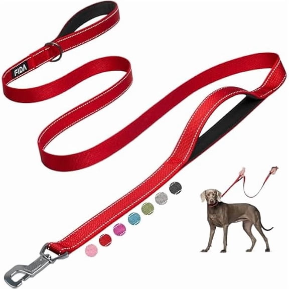 6 FT Heavy Duty Dog Leash with 2 Comfortable Padded Handles, Traffic Handle & Advanced Easy Snap Hook, Reflective Walking Lead for Large, Medium & Small Breed, Red