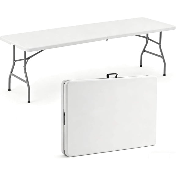 6 FT Heavy Duty Folding Table, Portable Steel-Leg Table with Carry Handle, Fold-in-Half Design for Indoor/Outdoor Use (White)