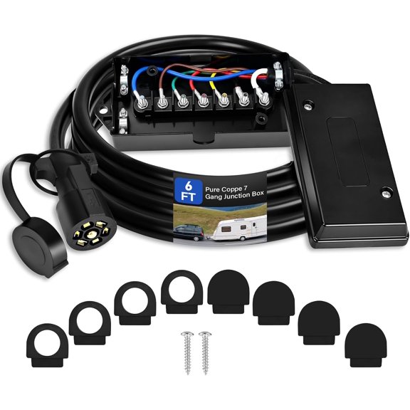 6 FT Heavy Duty Pure Coppe 7 Way Trailer Plug with Trailer Junction Box 7 Pole Waterproof for RVs Campers 7 Gang Junction Box Kit 72"