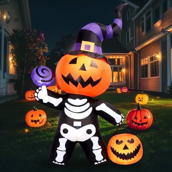 Halloween Inflatables 6 FT Pumpkin Boy with Skull Body Skeleton, Airblown Blow Up Halloween Pumpkin Decoration with LED Lights, Outdoor Halloween Decor for Holiday Party