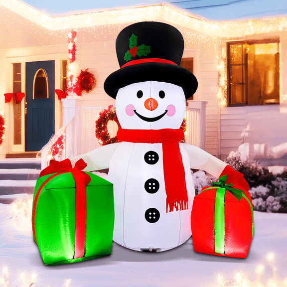 6 FT Inflatable Snowman with Built-in LED Lights, Cute Blow up Snowman with Gift Box on Hand, Christmas Outdoor Decorations for Garden Patio Lawn Holiday Party Xmas