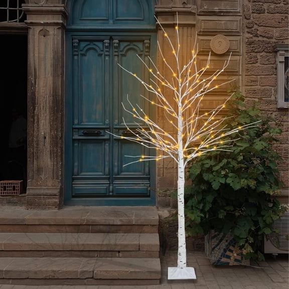 6 FT Lighted Birch Tree with 128 Led Lights Decorative Porch Artificial Tree for Home Decoration Warm White Solar Powered