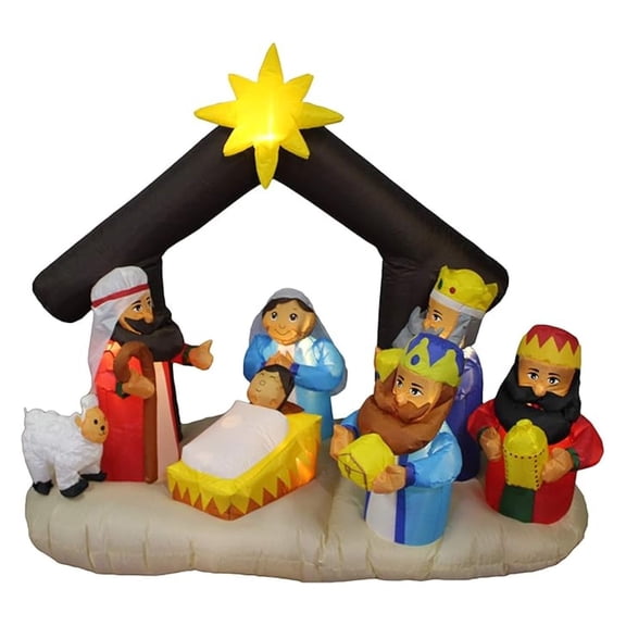 6 FT Lighted Christmas Inflatable Nativity Scene with Mary, , and Baby Jesus  Outdoor Indoor Religious Holiday Decoration with Built-in Lights Self-Inflating Blower Lawn Display Bxrc