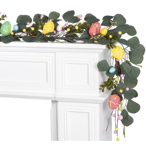 6 FT Lighted Easter Garland, Easter Decorations for Home, Pre-lit Egg Eucalyptus Garland Spring Fireplace Mantel Decor, Indoor & Outdoor Holiday Parties Display