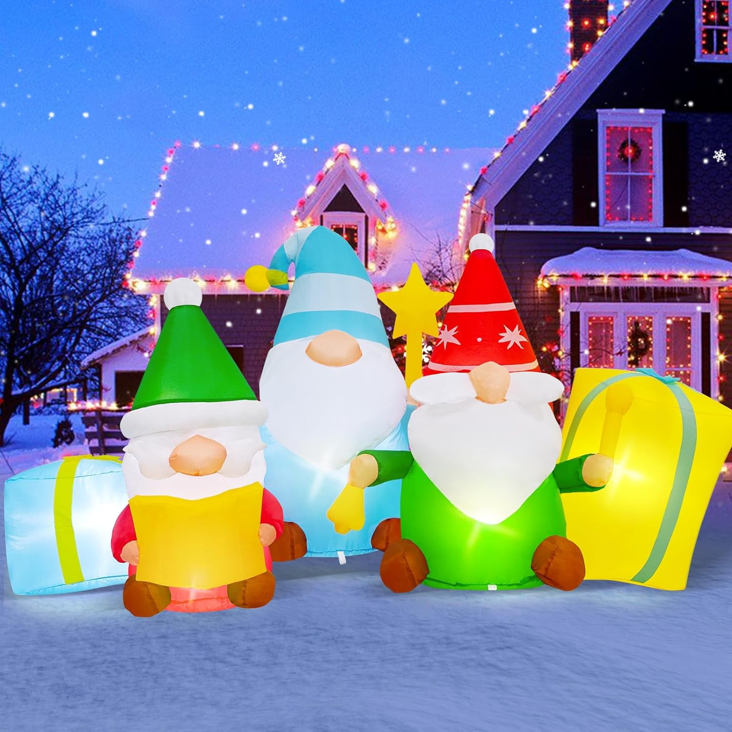 6 FT Long Christmas Inflatables 3 Gnomes Reading The Bible and Ringing