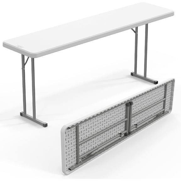 6 FT Narrow Folding Table, HDPE Top and Sturdy Metal Frame, White