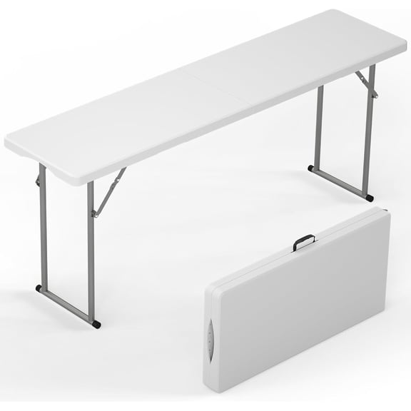 6 FT Narrow Folding Table, Tabletop Fold-in-Half, Thickened HDPE Material and Thicker Metal Frame, Foldable with Handle & Safety Locks, Perfect for Meeting, Party, White