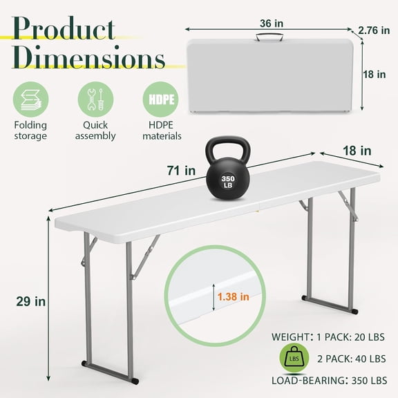 6 FT Narrow Folding Table, Tabletop Fold-in-Half, Thickened HDPE Material and Thicker Metal Frame, Foldable with Handle & Safety Locks, Perfect for Meeting, Party, White