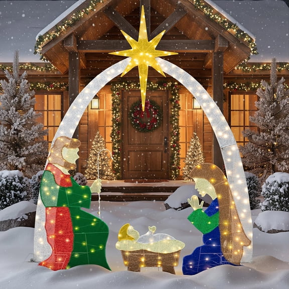 6 FT Nativity Scene Outdoor Christmas Decoration Lighted up Christmas Holiday Display, Nativity Scene Set with LED Lights Christmas Tree Decor, Birth of Jesus