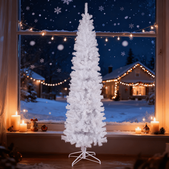 6 FT Pencil-Shaped Christmas Tree, Unlit White Christmas Tree, 1000 Branches, Artificial Christmas Tree with Metal Frame, Slender Ornaments, Suitable for Home, Office, and Party Christmas Decoration