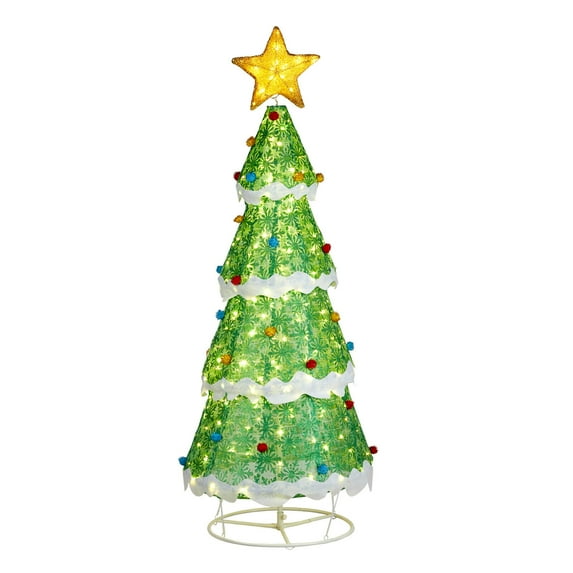 6 FT Pop-Up Lighted Christmas Tree, Artificial Xmas Tree with 200 Warm White LED Lights, Collapsible Decoration Tree, Fabric Celebration Xmas Tree for Indoors & Outdoors