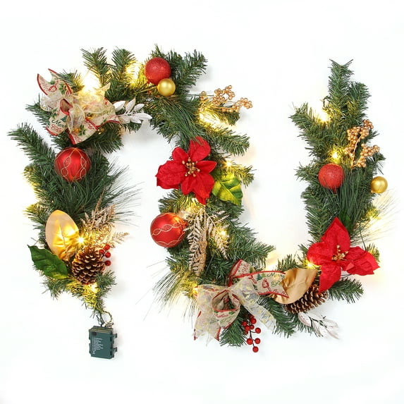 6 FT Pre-Lit Artificial Christmas Garland,Lighted Poinsettia Christmas Garland with 20 LED Lights,Winter Wreaths with Pine Cones and Bowknots,Christmas Decorations for Home Front Mantle Door Garden