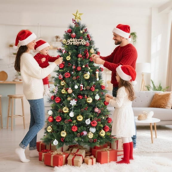 6 FT Pre-Lit Artificial Christmas Tree,Norway Spruce,250 Warm White Light,Automatic Hinge Expansion,Artificial Christmas Pencil Tree with Pine Cones,Holly Berries & Stand,Green