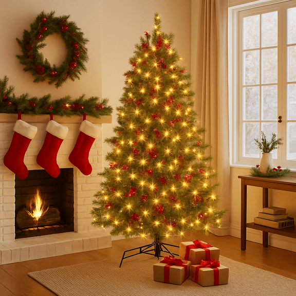 6 FT Pre-Lit Artificial Christmas Tree, Norway Spruce, Warm White Light, Artificial Christmas Pencil Tree with Pine Cones, Holly Berries & Stand