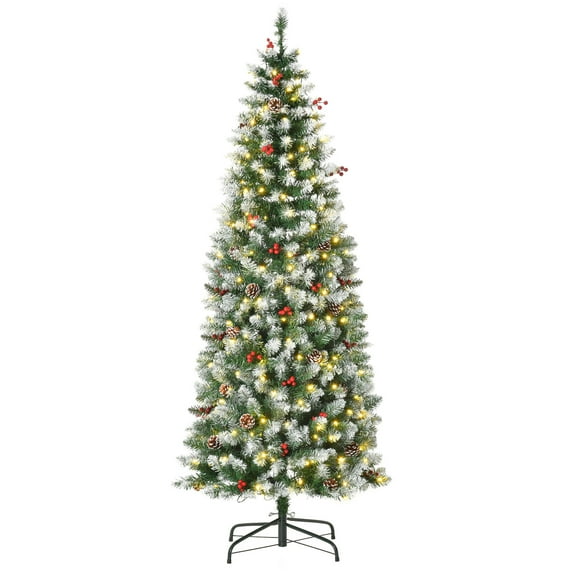 6 FT Pre-Lit Artificial Snow-Dipped Artificial Artificial Christmas Tree with Realistic Branches, 300 LED Lights, Pine Cones, Red Berries and 618 Tips, by Miaoweii