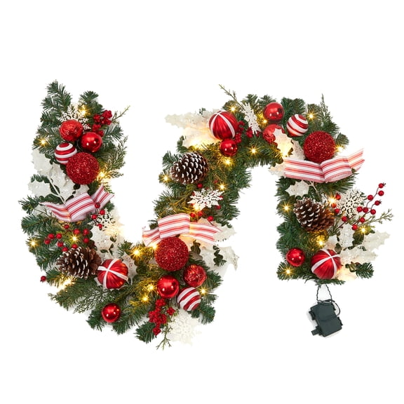6 FT Pre‑Lit Christmas Garland, Artificial PVC Holiday Garland with Red White Baubles, Striped Ribbon Bows, Pinecones & Snowflakes, Battery Operated Xmas Decor for Staircase Mantel Table Railing