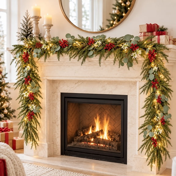 6 FT Pre-Lit Christmas Garland with LED Lights, Artificial Pine Greenery with Berry Accents, Flexible Xmas Garland Decoration for Fireplace Mantel, Stair Railing, Doorway, Table and Holiday Home Deco