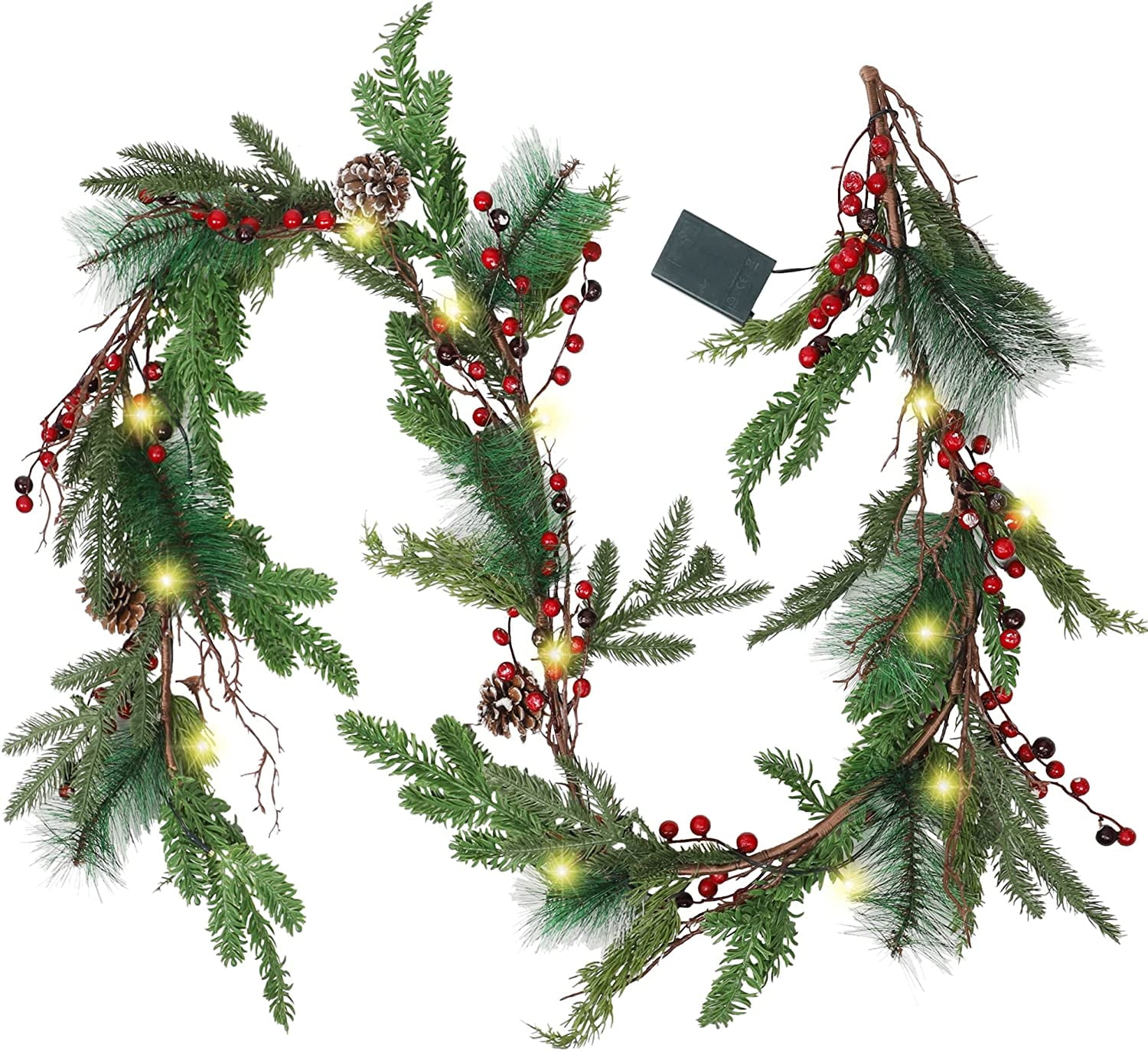 6 FT PreLit LED Christmas Garland with Pine Cones, Red Berries, and