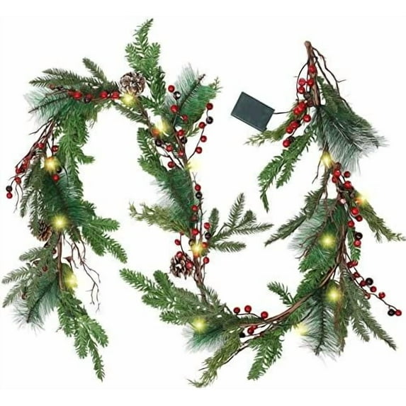 6 FT Pre-lit Artificial Christmas Garland with 20 LED Lights, Battery Powered with Pine Cones, Red Berries, Pine Needles, Lighted Christmas Garlands for Fireplace Holiday Decorations