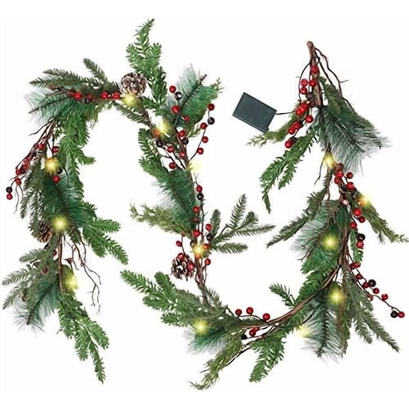 6 FT Pre-lit Artificial Christmas Garland with 20 LED Lights, Battery Powered with Pine Cones, Red Berries, Pine Needles, Lighted Christmas Garlands for Fireplace Holiday Decorations