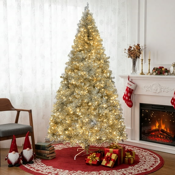 6 FT Pre-lit Artificial Christmas Tree with 900 Branch Tips, Artificial Xmas Pine Tree with 300 Lights and Remote Control, Holiday Xmas Tree for Holiday Party Office Home, Silver