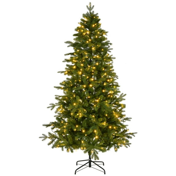 6 FT Pre-lit Artificial Christmas Tree, Holiday Xmas Tree with 300 Warm White Lights, Chrismas Decoration Tree with 728 Branch Tips and Metal Base for Holiday/Party/Store/Office/Home, Green