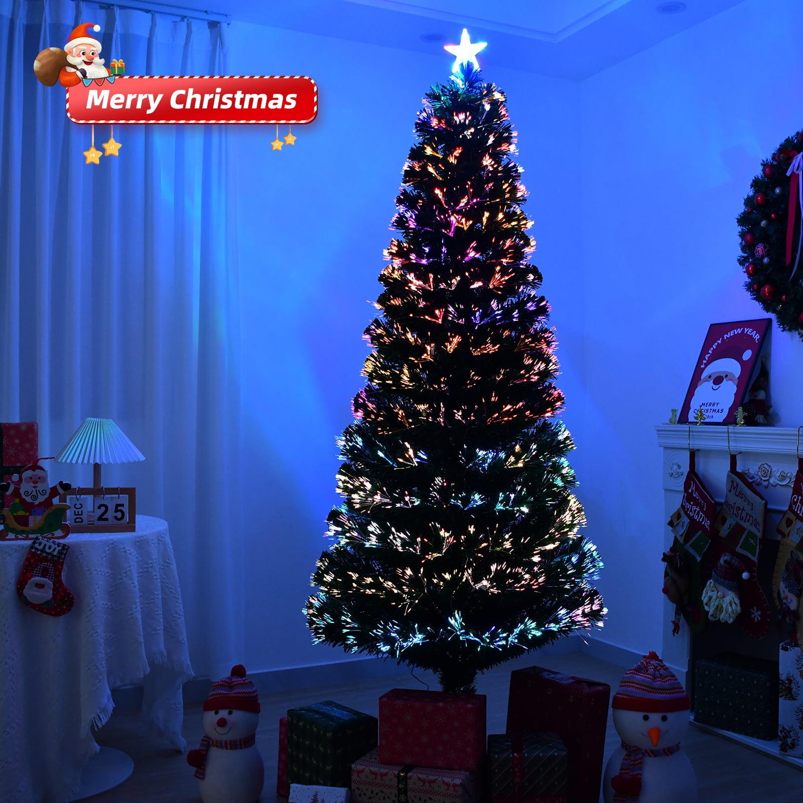 6 FT Prelit Christmas Tree, Artificial Fiber Optic Xmas Tree for Holiday Xmas Decoration, Home