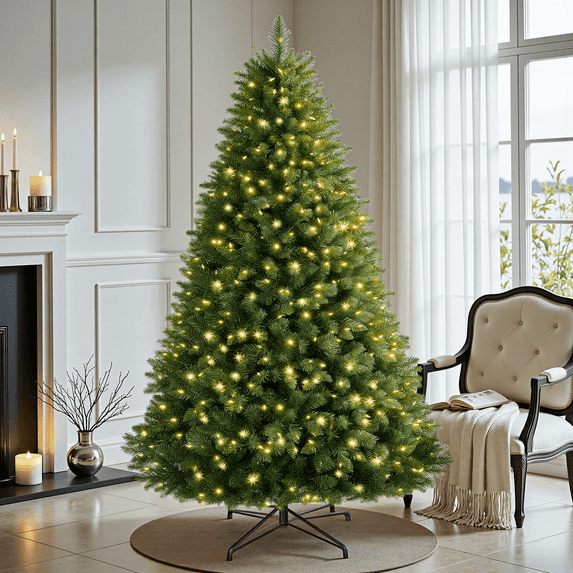 6 FT Pre-lit Christmas Tree, Artificial Spruce Christmas Tree 310 Warm White Lights, Easy Assembly with Metal Stand and Hinged Branches Decoration