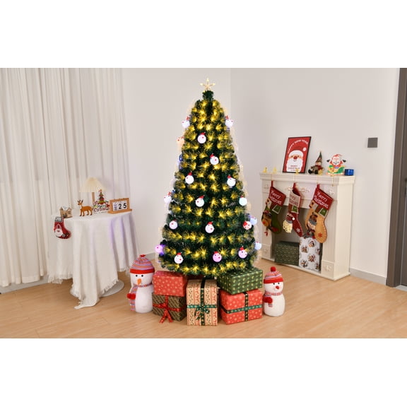 6 FT Pre-lit Fiber Optic Christmas Tree, Artificial Xmas Tree with Lighted Top Star and Snowflakes, Multicolor LEDs, Holiday Xmas Decoration Tree for Home Office Store Party, Green